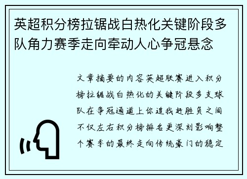英超积分榜拉锯战白热化关键阶段多队角力赛季走向牵动人心争冠悬念