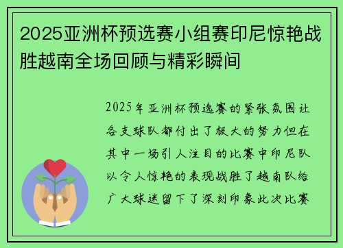 2025亚洲杯预选赛小组赛印尼惊艳战胜越南全场回顾与精彩瞬间